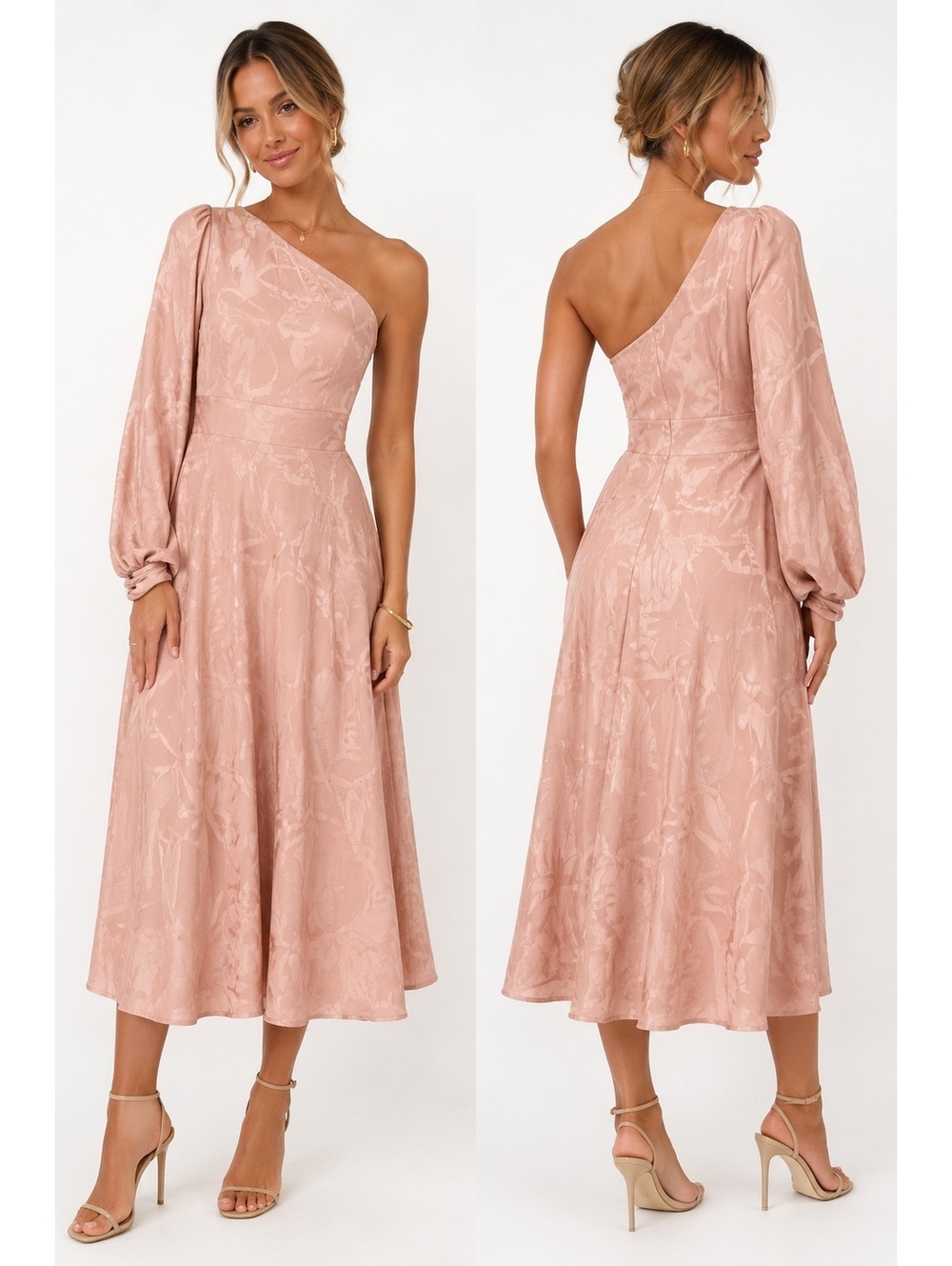 NWT Shoulder Jacquard One Shoulder Midi Dress Nude Blush Pink 6